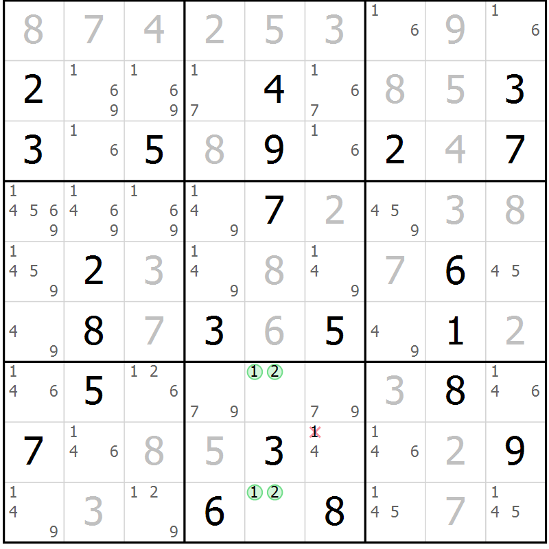 Position des candidats pour la solution de la Gr 14 page 17 du magazine de sudoku Virtuose n° 113