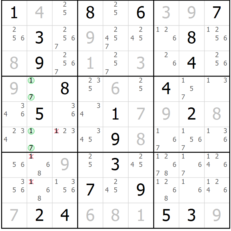 Position des candidats pour la solution de la Gr 15 page 18 du magazine de sudoku Virtuose n° 113