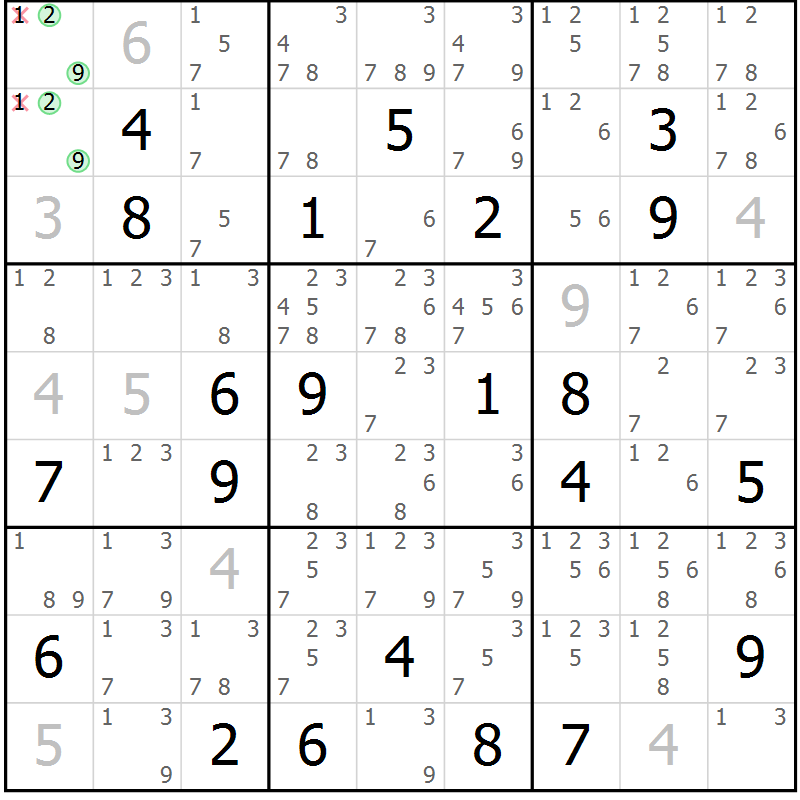 Position des candidats pour la solution de la Gr 16 page 19 du magazine de sudoku Virtuose n° 113