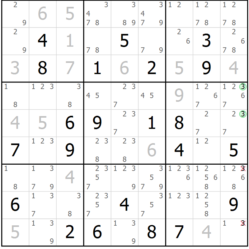 Position des candidats pour la solution de la Gr 16 page 19 du magazine de sudoku Virtuose n° 113