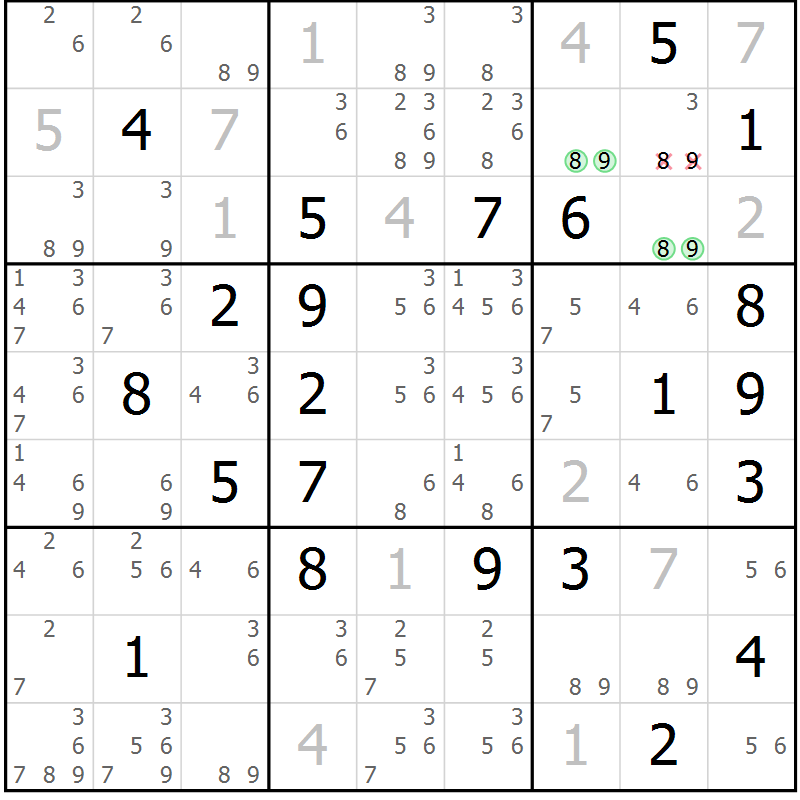 Position des candidats pour la solution de la Gr 17 page 20 du magazine de sudoku Virtuose n° 113