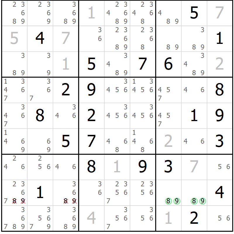 Position des candidats pour la solution de la Gr 17 page 20 du magazine de sudoku Virtuose n° 113