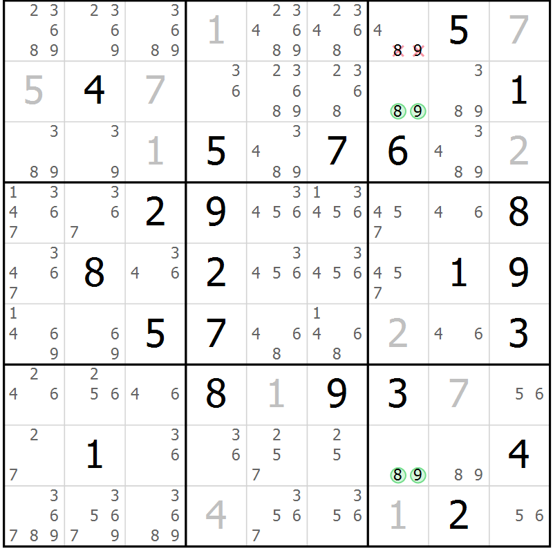 Position des candidats pour la solution de la Gr 17 page 20 du magazine de sudoku Virtuose n° 113