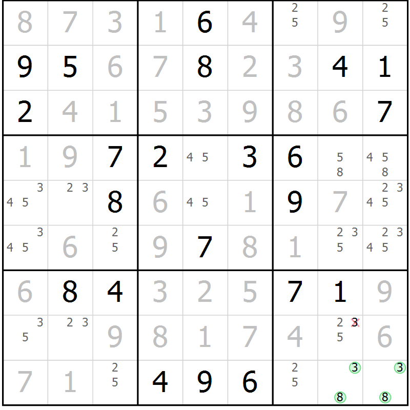 Position des candidats pour la solution de la Gr 18 page 21 du magazine de sudoku Virtuose n° 113
