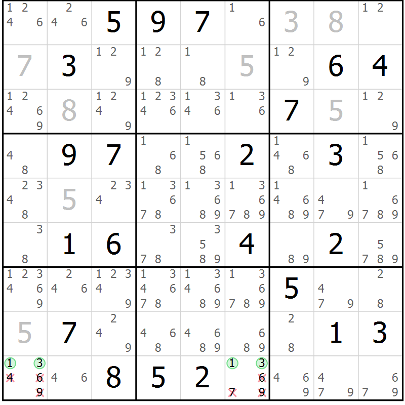 Position des candidats pour la solution de la Gr 19 page 22 du magazine de sudoku Virtuose n° 113