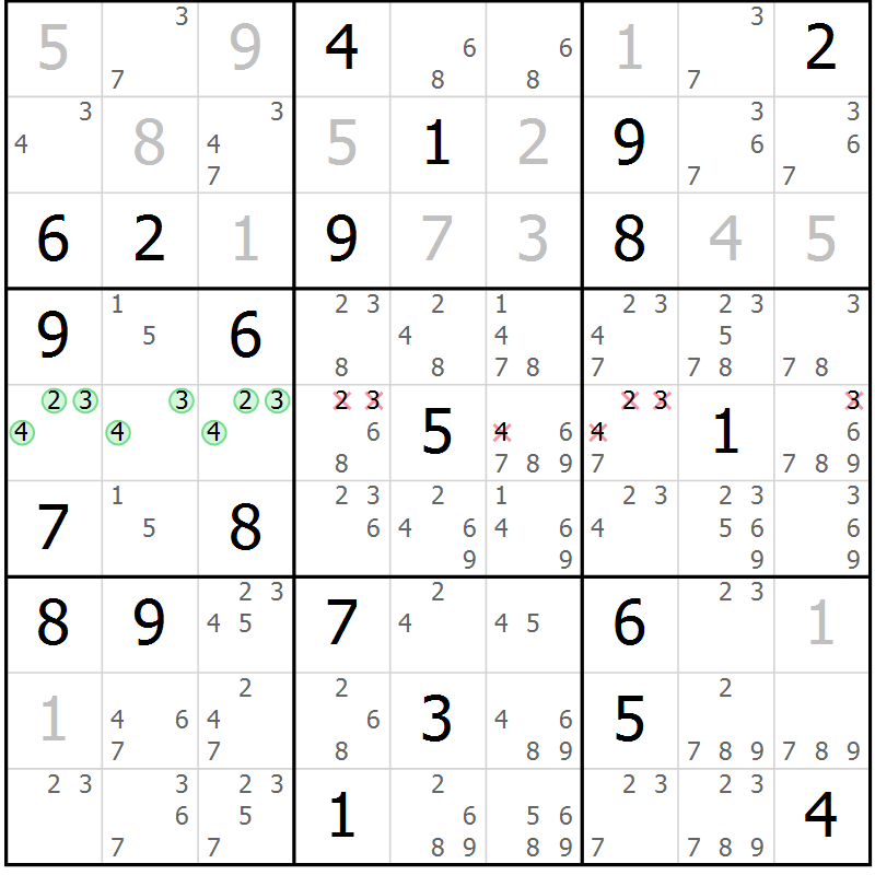 Position des candidats pour la solution de la Gr 20 page 23 du magazine de sudoku Virtuose n° 113
