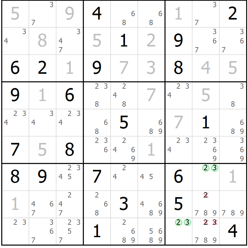 Position des candidats pour la solution de la Gr 20 page 23 du magazine de sudoku Virtuose n° 113