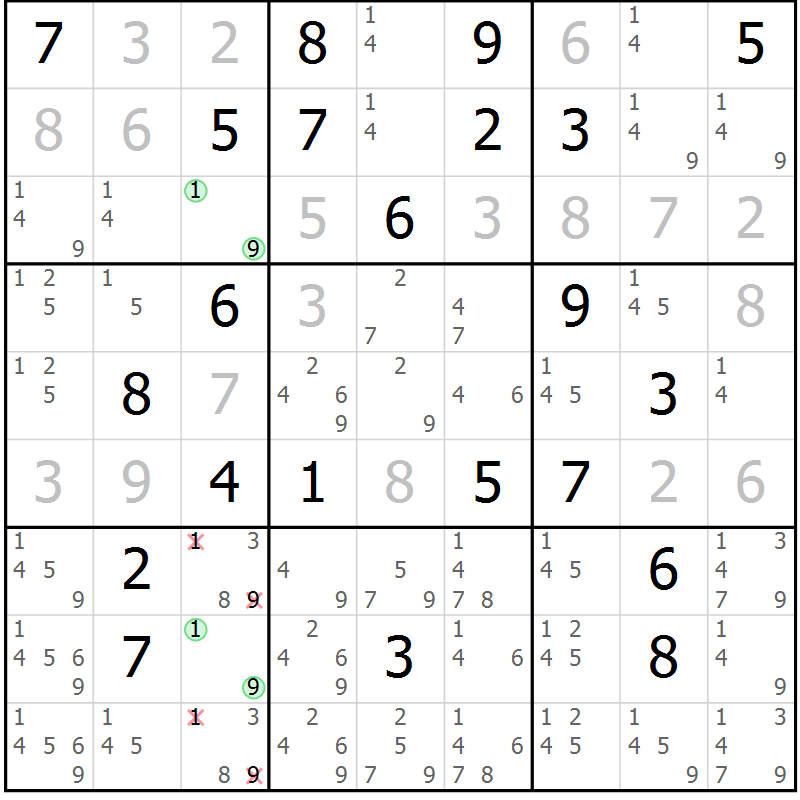 Position des candidats pour la solution de la Gr 22 page 25 du magazine de sudoku Virtuose n° 113