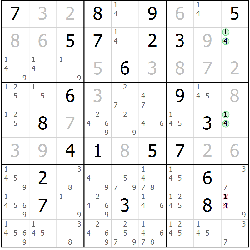 Position des candidats pour la solution de la Gr 22 page 25 du magazine de sudoku Virtuose n° 113