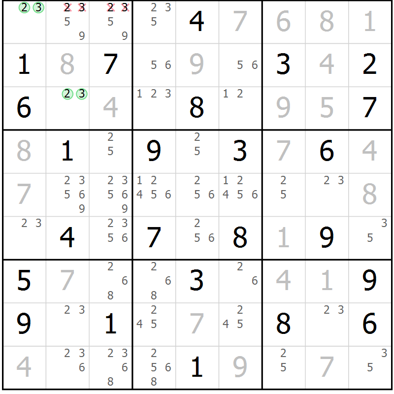 Position des candidats pour la solution de la Gr 23 page 26 du magazine de sudoku Virtuose n° 113