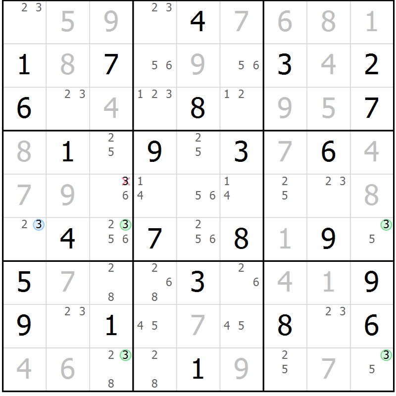 Position des candidats pour la solution de la Gr 23 page 26 du magazine de sudoku Virtuose n° 113