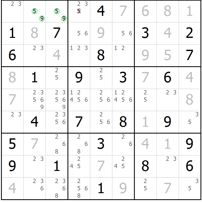 Position des candidats pour la solution de la Gr 23 page 26 du magazine de sudoku Virtuose n° 113
