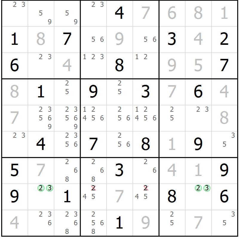 Position des candidats pour la solution de la Gr 23 page 26 du magazine de sudoku Virtuose n° 113