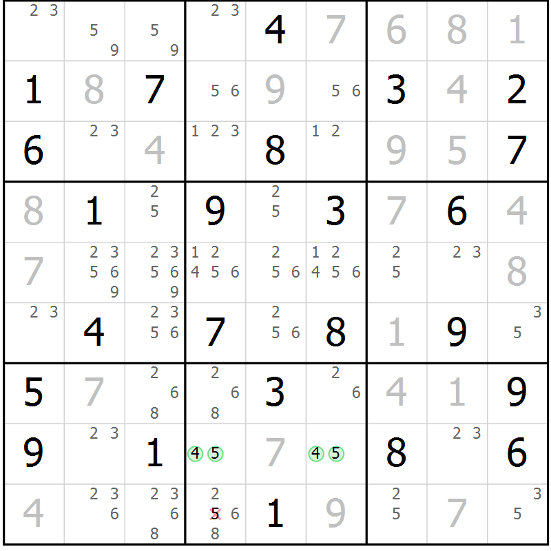 Position des candidats pour la solution de la Gr 23 page 26 du magazine de sudoku Virtuose n° 113