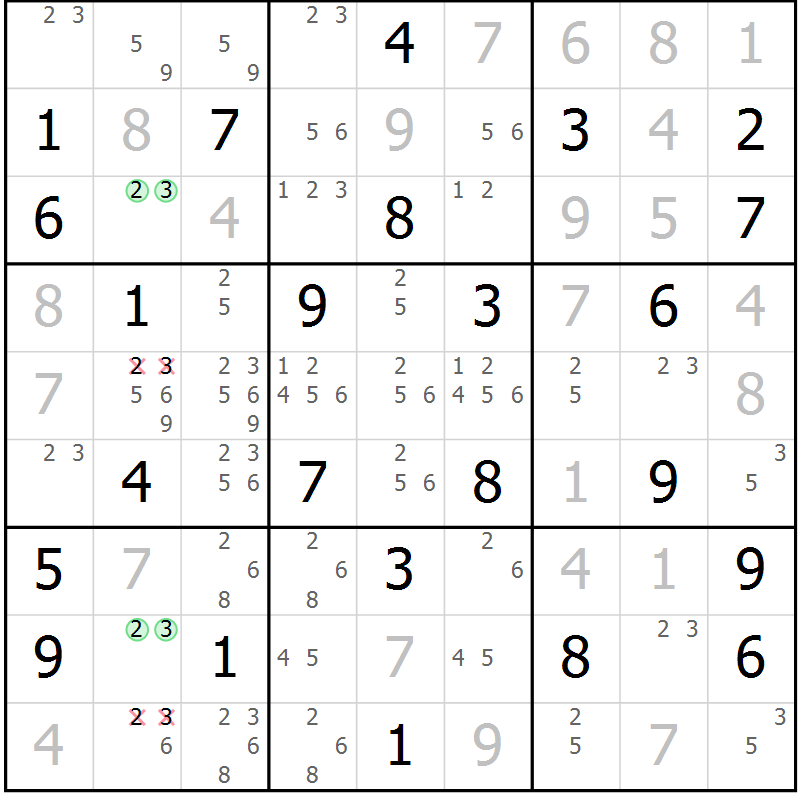 Position des candidats pour la solution de la Gr 23 page 26 du magazine de sudoku Virtuose n° 113