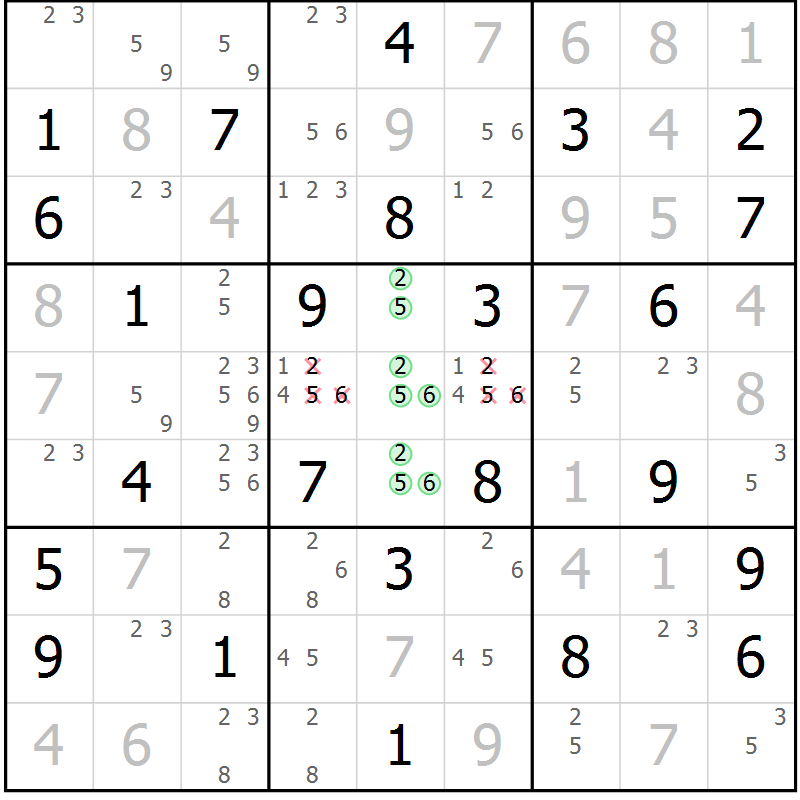 Position des candidats pour la solution de la Gr 23 page 26 du magazine de sudoku Virtuose n° 113