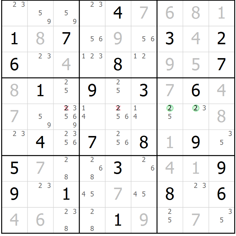 Position des candidats pour la solution de la Gr 23 page 26 du magazine de sudoku Virtuose n° 113