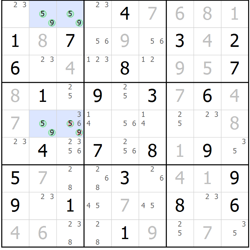 Position des candidats pour la solution de la Gr 23 page 26 du magazine de sudoku Virtuose n° 113
