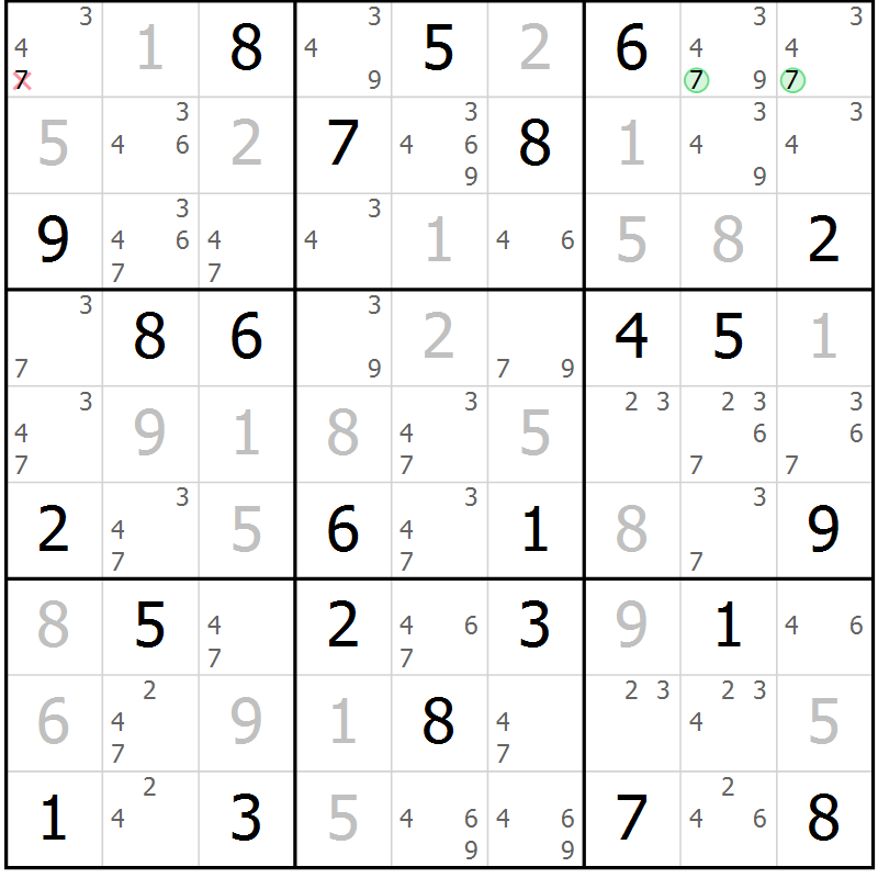 Position des candidats pour la solution de la Gr 25 page 28 du magazine de sudoku Virtuose n° 113