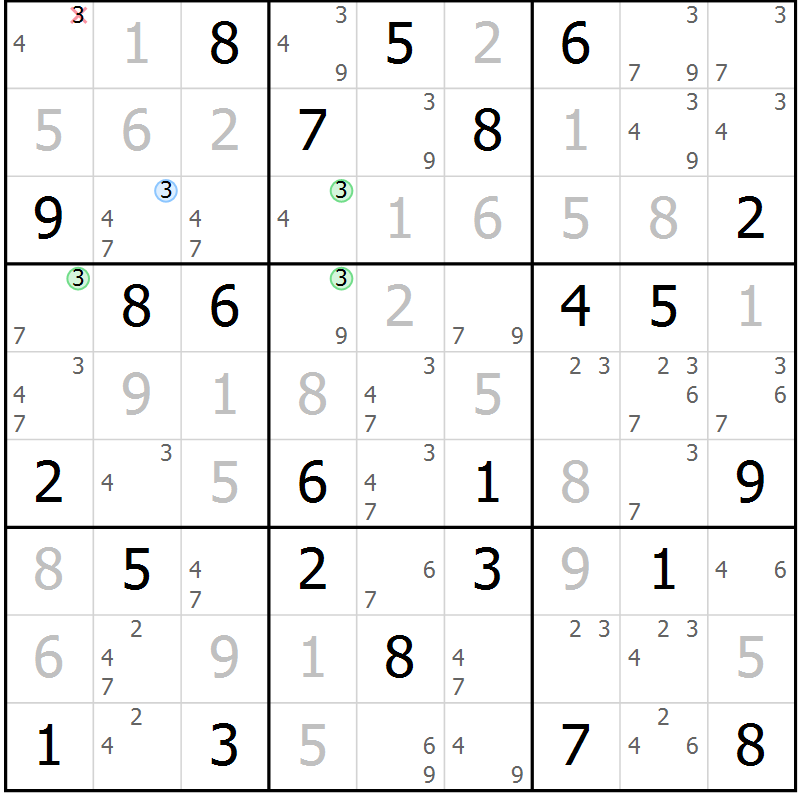 Position des candidats pour la solution de la Gr 25 page 28 du magazine de sudoku Virtuose n° 113