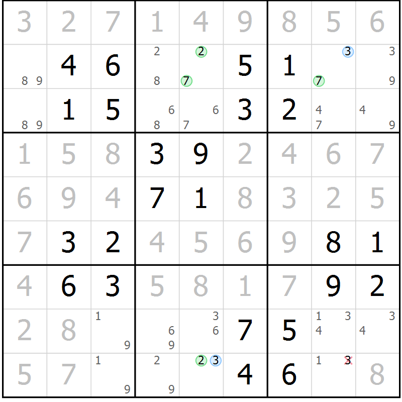 Position des candidats pour la solution de la Gr 29 page 32 du magazine de sudoku Virtuose n° 113