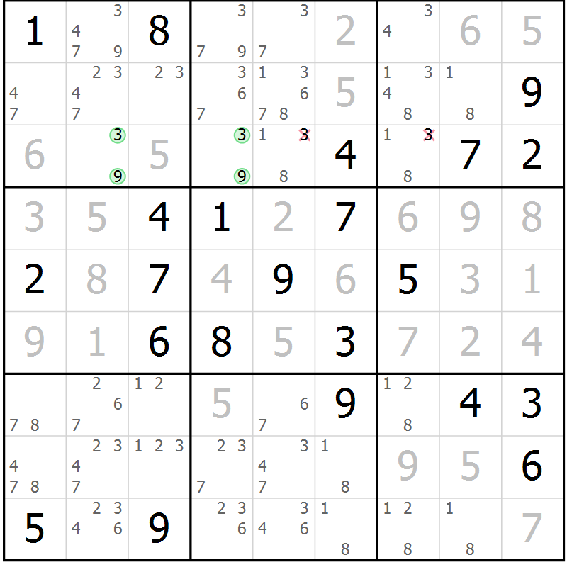 Position des candidats pour la solution de la Gr 3 page 6 du magazine de sudoku Virtuose n° 113