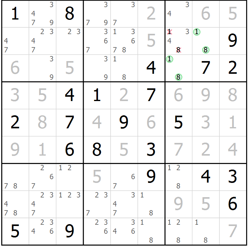 Position des candidats pour la solution de la Gr 3 page 6 du magazine de sudoku Virtuose n° 113