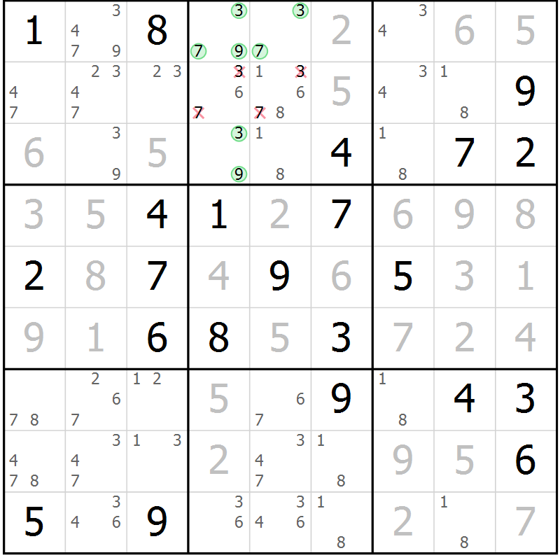 Position des candidats pour la solution de la Gr 3 page 6 du magazine de sudoku Virtuose n° 113