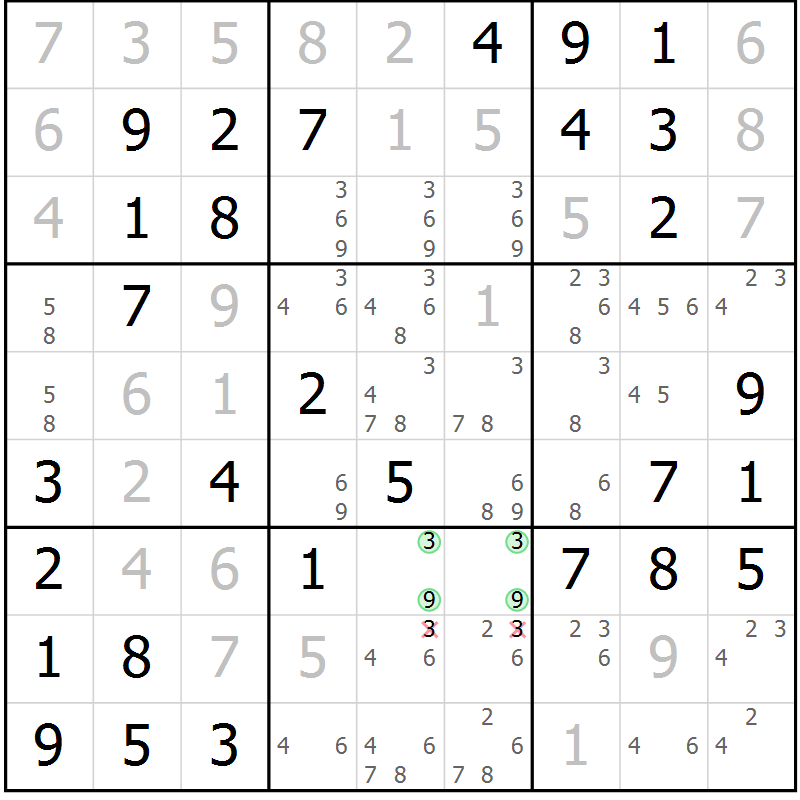 Position des candidats pour la solution de la Gr 33 page 36 du magazine de sudoku Virtuose n° 113