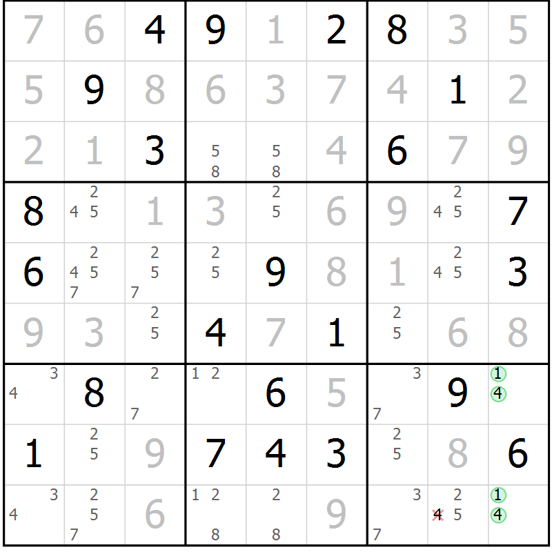 Position des candidats pour la solution de la Gr 39 page 42 du magazine de sudoku Virtuose n° 113