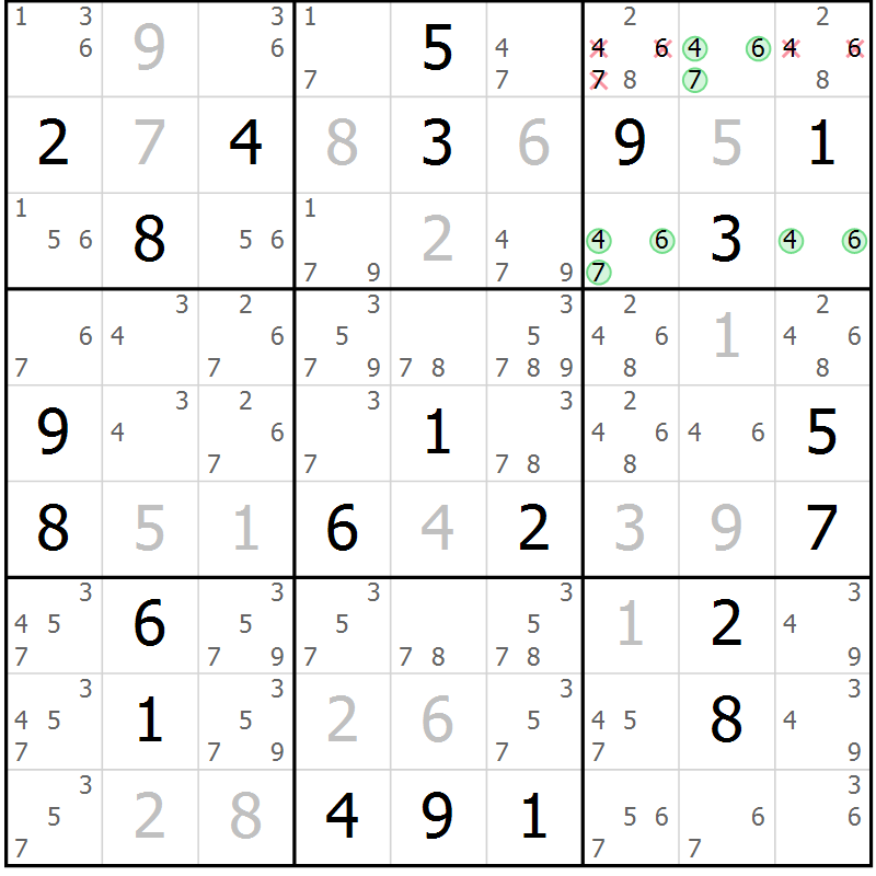 Position des candidats pour la solution de la Gr 4 page 7 du magazine de sudoku Virtuose n° 113