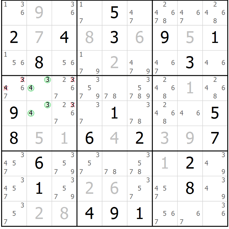 Position des candidats pour la solution de la Gr 4 page 7 du magazine de sudoku Virtuose n° 113