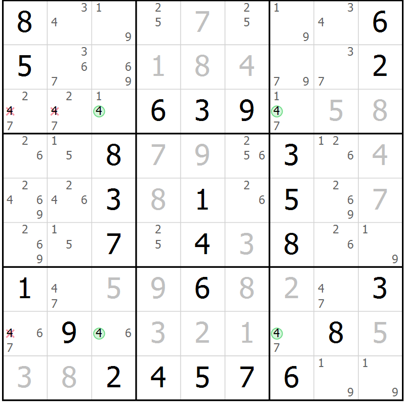 Position des candidats pour la solution de la Gr 42 page 45 du magazine de sudoku Virtuose n° 113