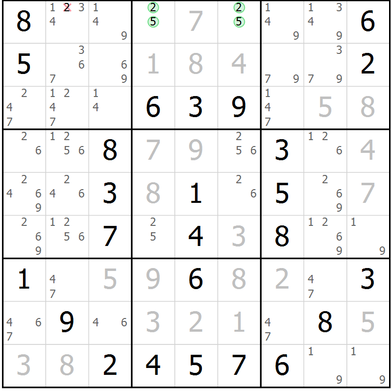 Position des candidats pour la solution de la Gr 42 page 45 du magazine de sudoku Virtuose n° 113