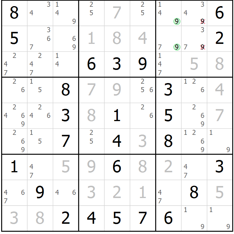 Position des candidats pour la solution de la Gr 42 page 45 du magazine de sudoku Virtuose n° 113