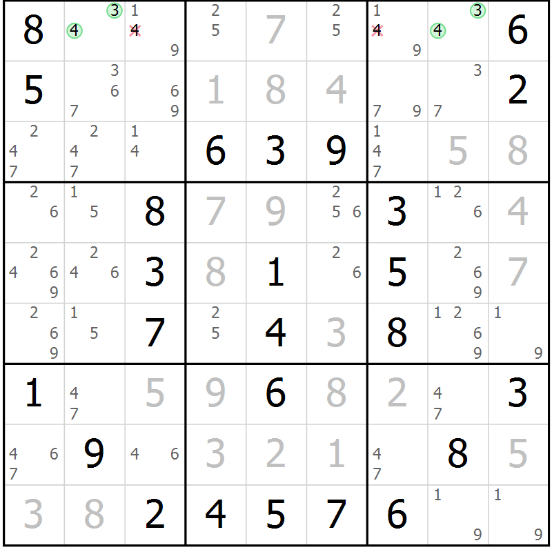 Position des candidats pour la solution de la Gr 42 page 45 du magazine de sudoku Virtuose n° 113