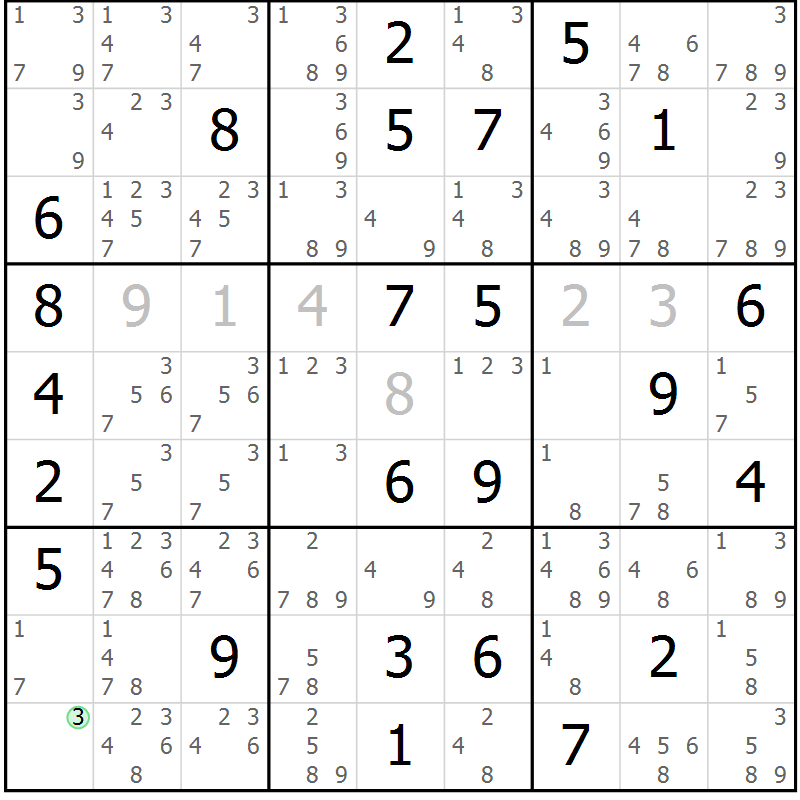 Position des candidats pour la solution de la Gr 43 page 46 du magazine de sudoku Virtuose n° 113
