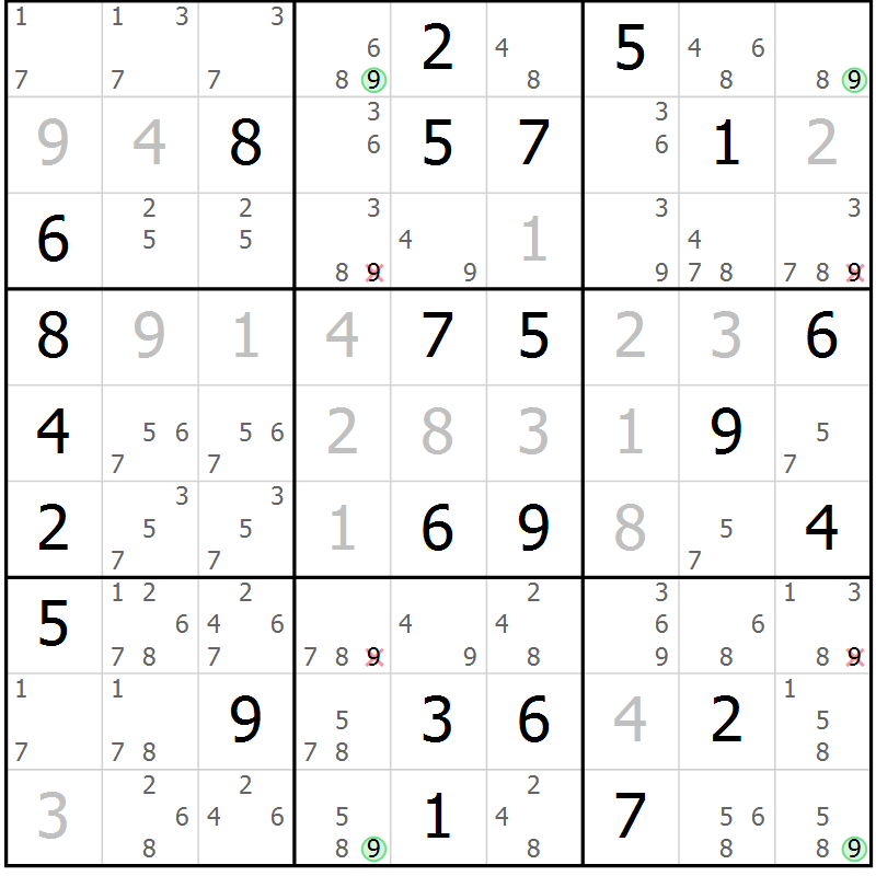 Position des candidats pour la solution de la Gr 43 page 46 du magazine de sudoku Virtuose n° 113