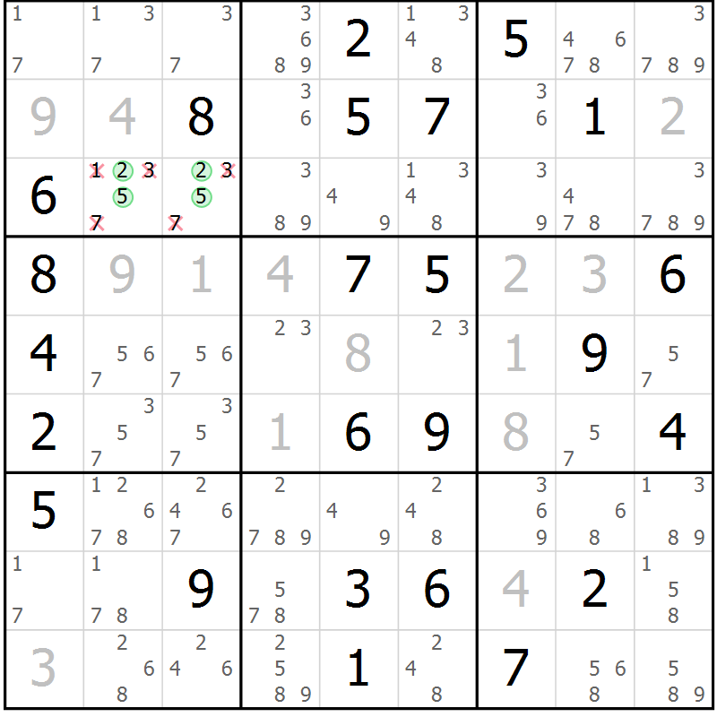 Position des candidats pour la solution de la Gr 43 page 46 du magazine de sudoku Virtuose n° 113