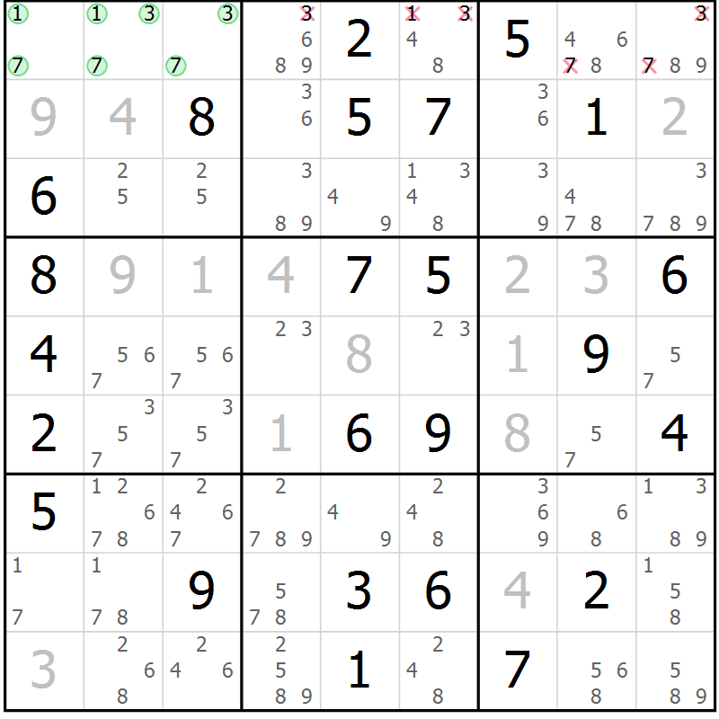 Position des candidats pour la solution de la Gr 43 page 46 du magazine de sudoku Virtuose n° 113