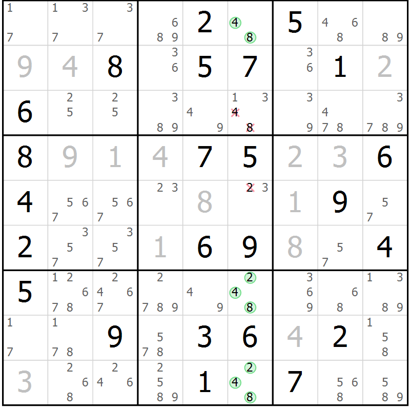Position des candidats pour la solution de la Gr 43 page 46 du magazine de sudoku Virtuose n° 113