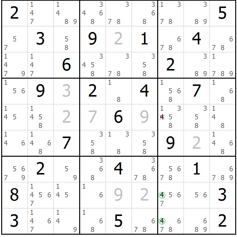 Position des candidats pour la solution de la Gr 46 page 49 du magazine de sudoku Virtuose n° 113