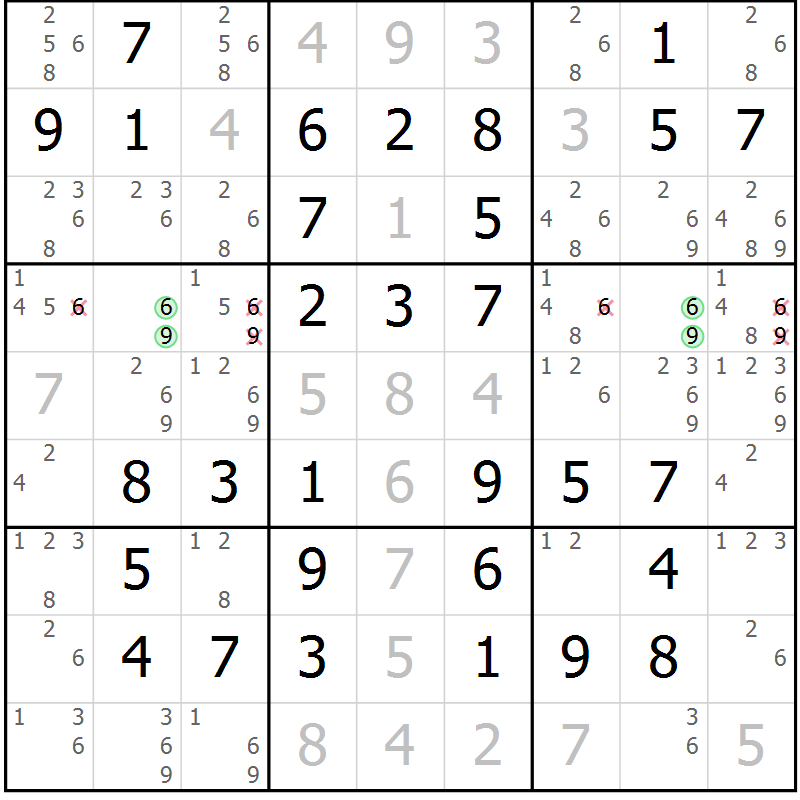 Position des candidats pour la solution de la Gr 47 page 50 du magazine de sudoku Virtuose n° 113
