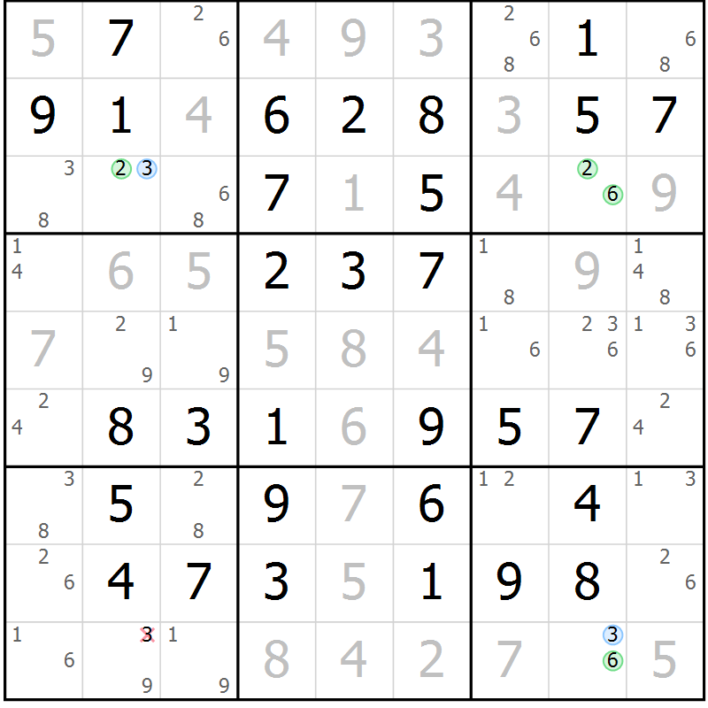 Position des candidats pour la solution de la Gr 47 page 50 du magazine de sudoku Virtuose n° 113