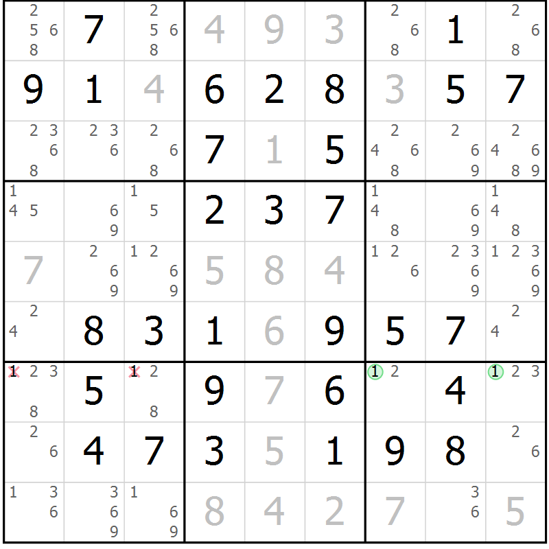 Position des candidats pour la solution de la Gr 47 page 50 du magazine de sudoku Virtuose n° 113