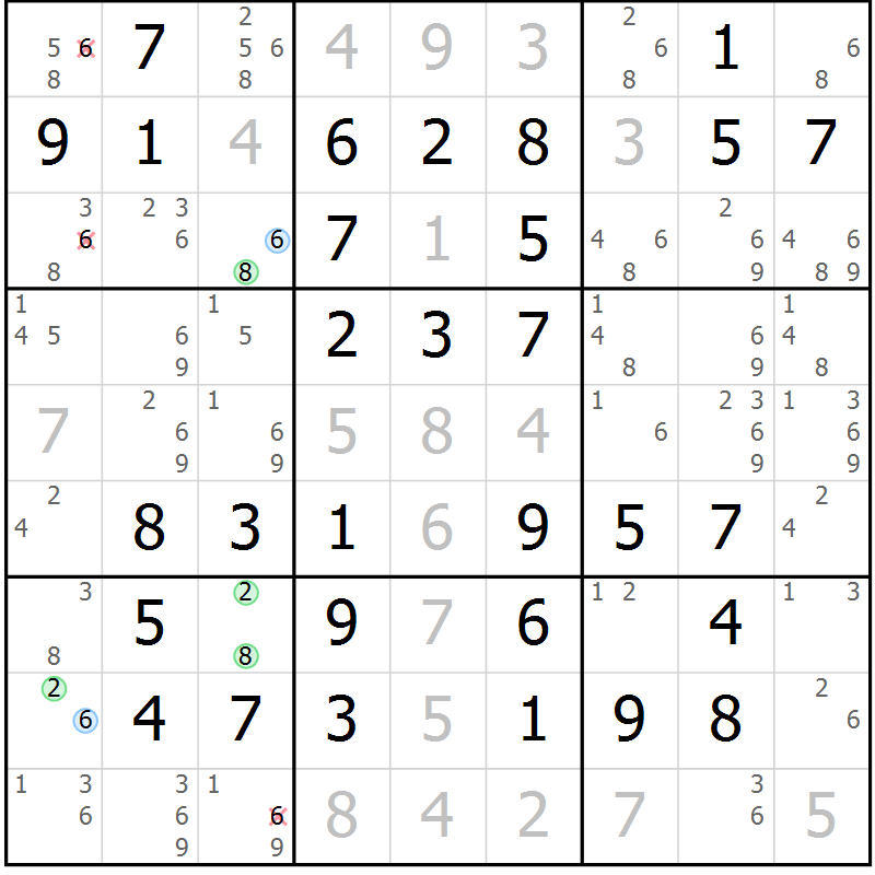 Position des candidats pour la solution de la Gr 47 page 50 du magazine de sudoku Virtuose n° 113
