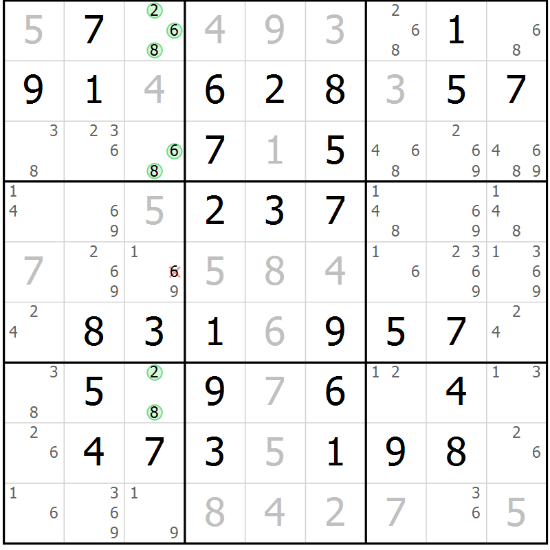 Position des candidats pour la solution de la Gr 47 page 50 du magazine de sudoku Virtuose n° 113