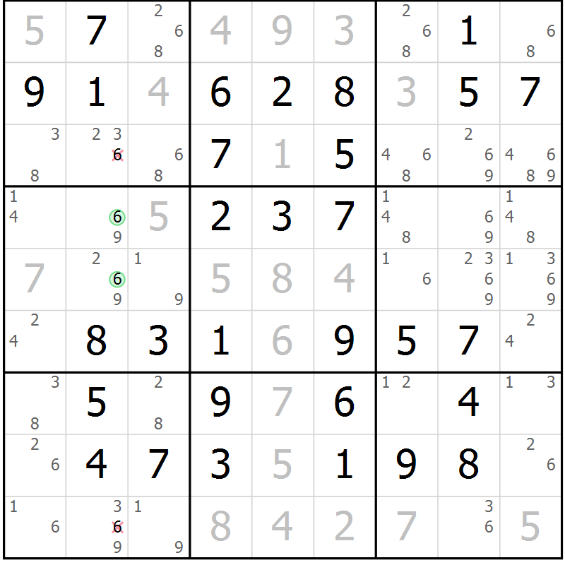 Position des candidats pour la solution de la Gr 47 page 50 du magazine de sudoku Virtuose n° 113