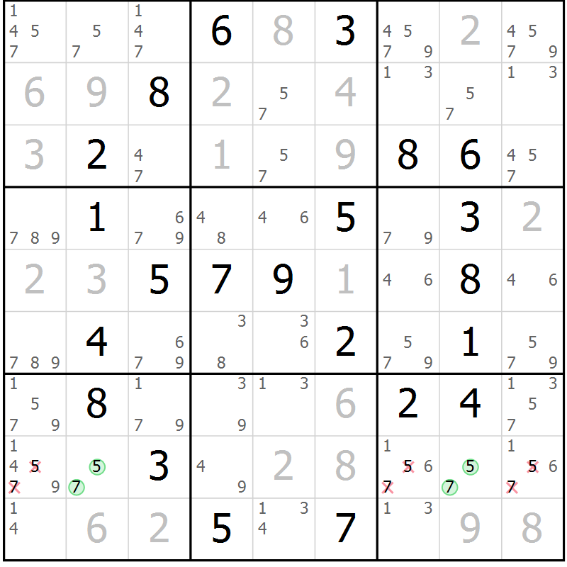 Position des candidats pour la solution de la Gr 48 page 51 du magazine de sudoku Virtuose n° 113