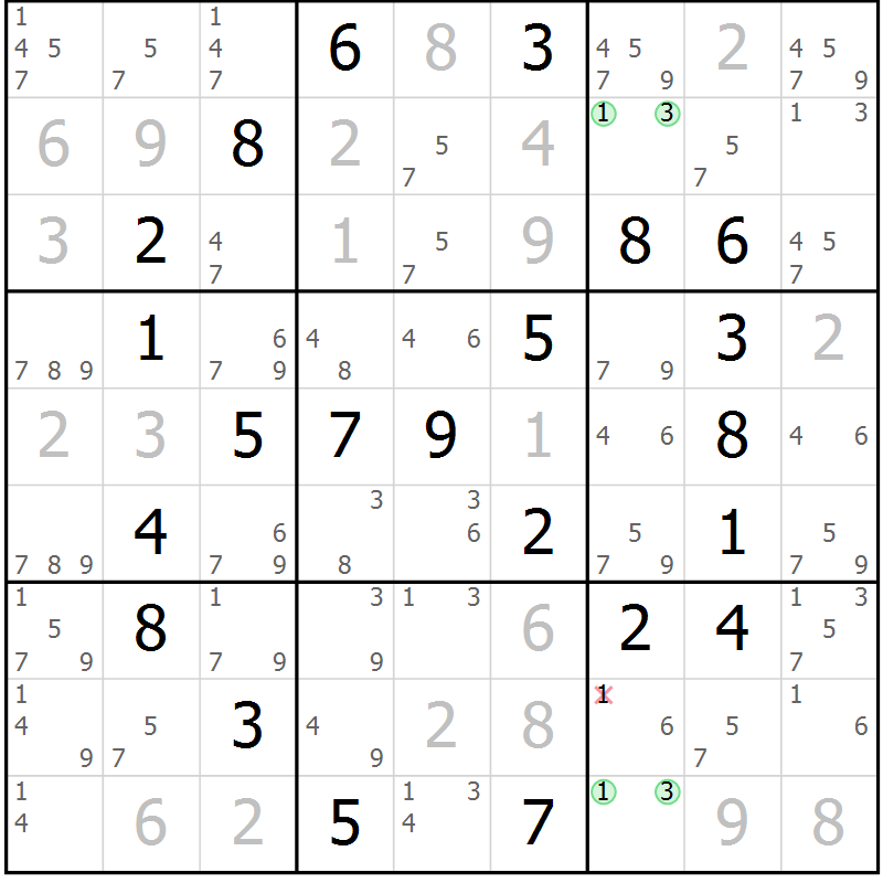 Position des candidats pour la solution de la Gr 48 page 51 du magazine de sudoku Virtuose n° 113